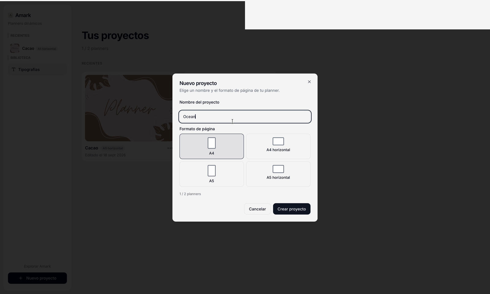 Modal para crear un proyecto con nombre y formato de página