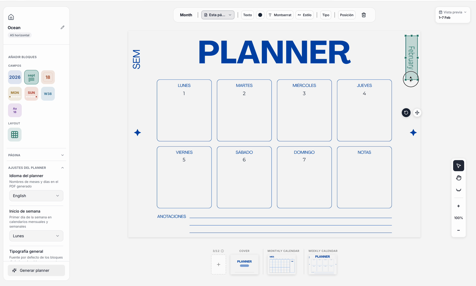 Canvas del editor con zonas dinámicas de mes y día marcadas