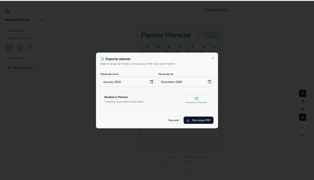 Selector de rango de fechas para generar un planner anual