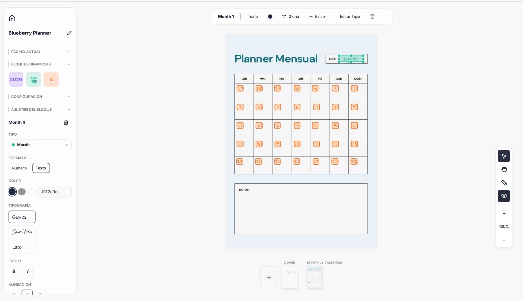 Canvas del editor con zonas dinámicas de mes y día marcadas